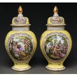 A pair of German yellow ground jars and covers, Dresden decorated,  Helena Wolfsohn, early 20th c,