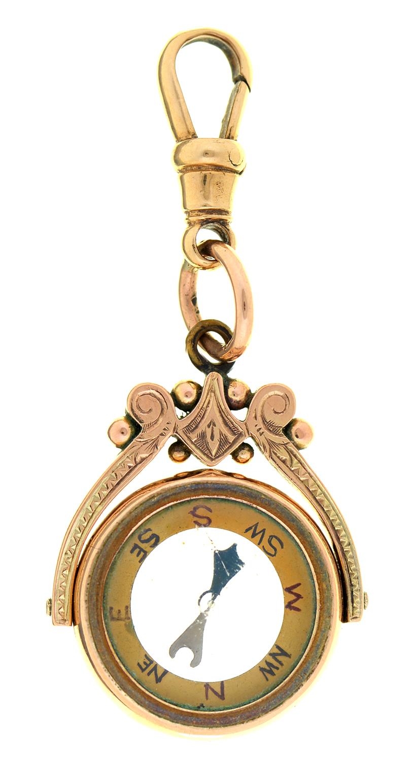 An Edwardian 9ct gold watch fob compass, 29mm, Birmingham 1907, 7.4g Good condition