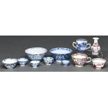 A Chinese export blue and white two handled chocolate cup and a contemporary famille rose tea
