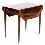 A Victorian mahogany and satinwood Pembroke table, the figured top with cut cornered leaves,