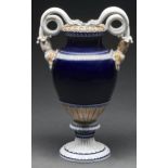 A Meissen vase, late 19th c, with twin coiled snake handles, decorated in underglaze blue and matt
