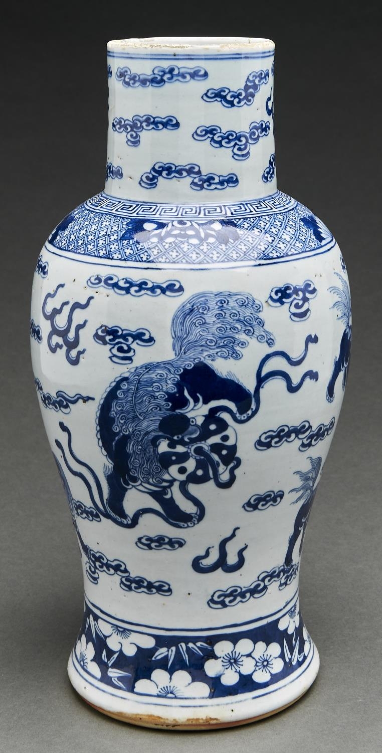 A Chinese blue and white vase, Qing dynasty, 19th c,  painted in two registers with dogs of Fo