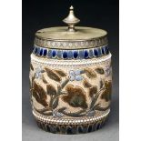 An EPNS mounted Doulton ware barrel shaped honey or preserve jar and cover, 1880, decorated by Edith
