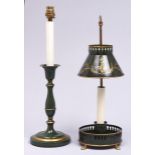 An Empire style green and gilt decorated metal student's lamp and a similar candlestick lamp, both