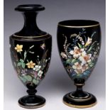 Two Staffordshire enamelled black glazed earthenware  vases, c1880,  ovoid or shield shape and