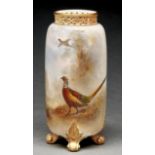 A Royal Worcester spill vase, 1903, with reticulated neck, painted by Jas Stinton, signed, with