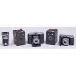 An Eastman Kodak 35mm folding camera, a Zeiss Ikon Nettar folding camera, two box cameras, etc