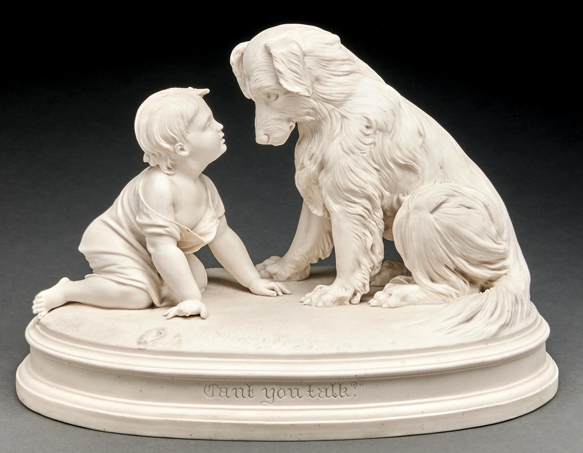 A Victorian Parian ware group of a child and dog, designed by R J Morris, late 19th c, on oval base,