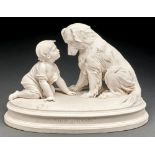 A Victorian Parian ware group of a child and dog, designed by R J Morris, late 19th c, on oval base,