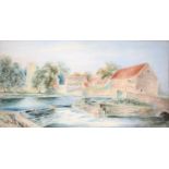 J J Allibert, late 19th c - A Weir and  Sluice in a Village, signed, watercolour, 24 x 45cm, three