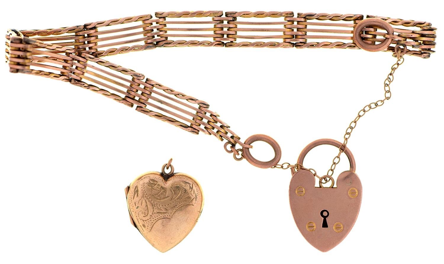 A gold bracelet and padlock, marked 9c, 17cm l and a 9ct gold heart locket, 18.2g (2) Dent on