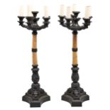 A pair of French bronze mounted marmo giallo Siena candelabra, late 19th c, of six lights, the