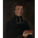 French School, 19th c - Portrait of a Priest, bust length holding a book in his right hand, oil on