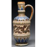A Doulton ware ewer, 1875, decorated by Edith D Lupton with a central band of beaded frons between