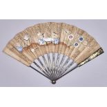 A Chinese export fan, c1840, the pierced leaf painted with a couple in an interior, on black and