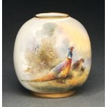 A Royal Worcester globular vase, 1934, painted by Jas Stinton, signed, with pheasants, the rims