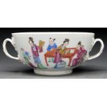 A Chinese famille rose bowl with entwined handles, 19th c, painted to either side with groups around