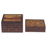 A Victorian grained rosewood and Tunbridge ware box, mid 19th c, the rectangular lid with panel of