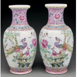 A pair of Chinese pink ground famille rose peafowl and peacock vases, 35.5cm h, commendation