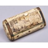 A French bone, horn and penwork snuff box, early 19th c, the lid decorated with a ploughman, the