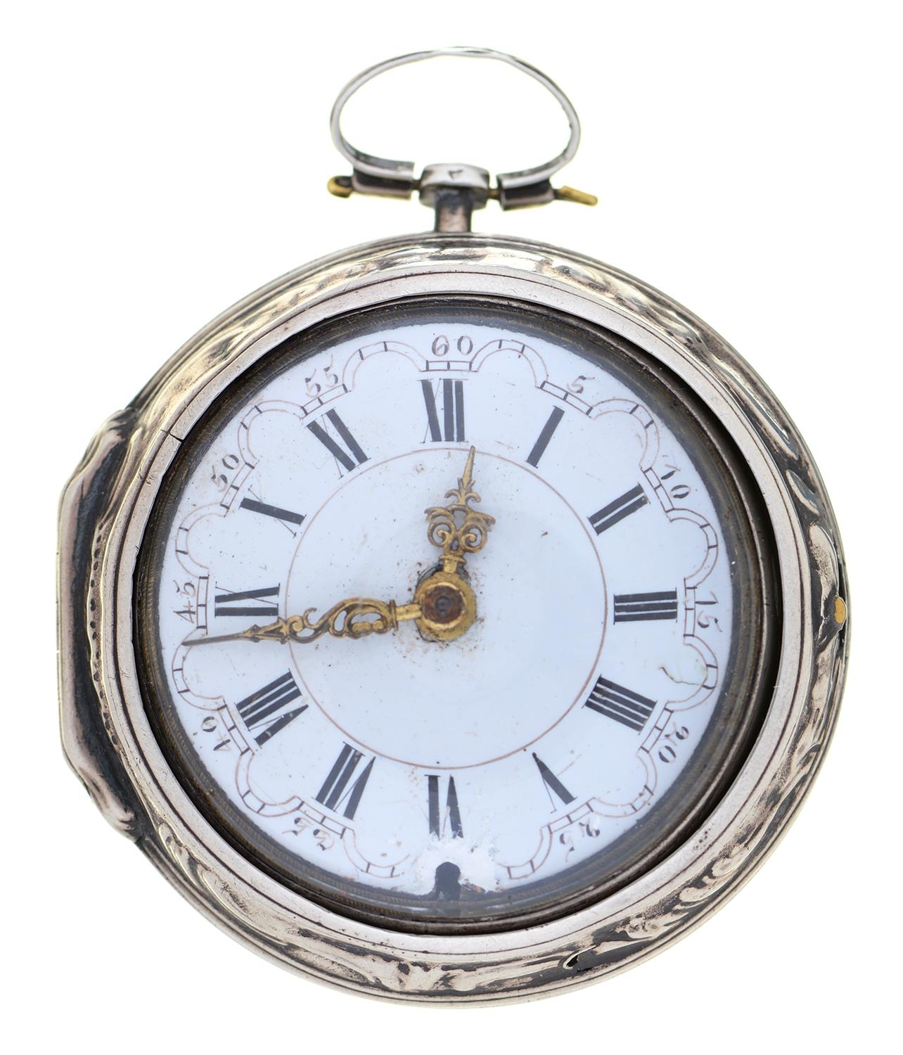 A pair cased silver verge watch, 18th c, the enamelled Dutch style dial with filigree hands,