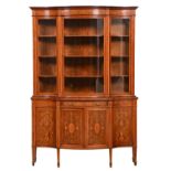 An Edwardian mahogany, rosewood, inlaid and penwork cabinet by Edwards & Roberts, of concave and