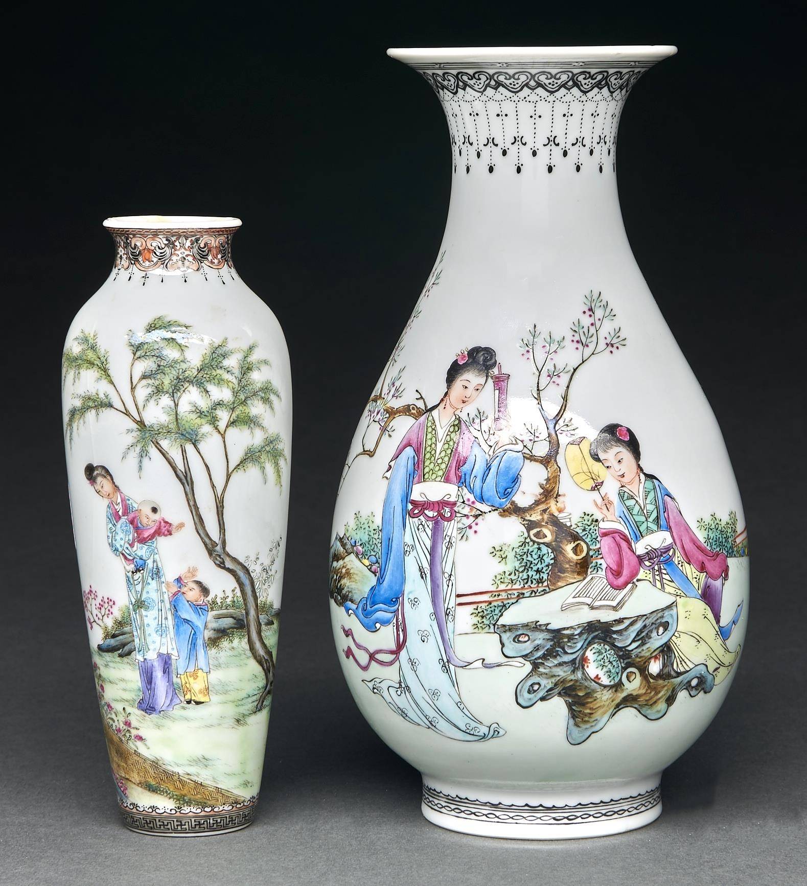 A Chinese famille rose vase, 21.5cm h, commendation mark and another of slender form, the reverse