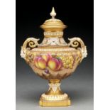 A Royal Worcester fruit painted vase and cover, c1970, continuously painted by Freeman, signed, 28cm