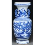 A Chinese blue and white vase, Qing dynasty, 19th c, with curling leaf handles, painted in two