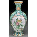 A Chinese painted enamel green ground famille rose vase, 20th c, 31.5cm h Good condition