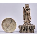 A Chinese soapstone carving of Han Xiang Zi, on pierced base, 28cm h and a Chinese soapstone dish (