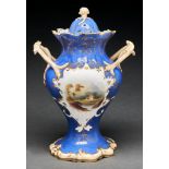 A Staffordshire bone china pourri vase and cover, c1840, with entwined handles and painted with a