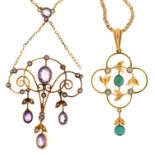 An Edwardian art nouveau amethyst, split pearl and gold openwork necklet, marked 9ct, pendant 40mm