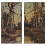 J. Fox (Fl. late 19th c) - Figure on a Path in a Birch Wood, a pair, both signed, oil on canvas,
