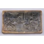 A French pressed horn snuff box, early 19th c, the lid with ladies in an interior and inscribed