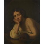 British School, 19th c - The Penitent Magdalene, oil on panel, feigned oval, 27.5 x 23cm Extensive