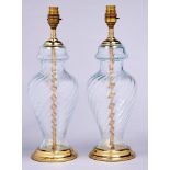 A pair of brass mounted glass vase shaped table lamps, 31cm h Good condition