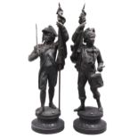 A pair of French fin de siecle bronze spelter statuettes of soldiers, c1900, integral socle, 80cm