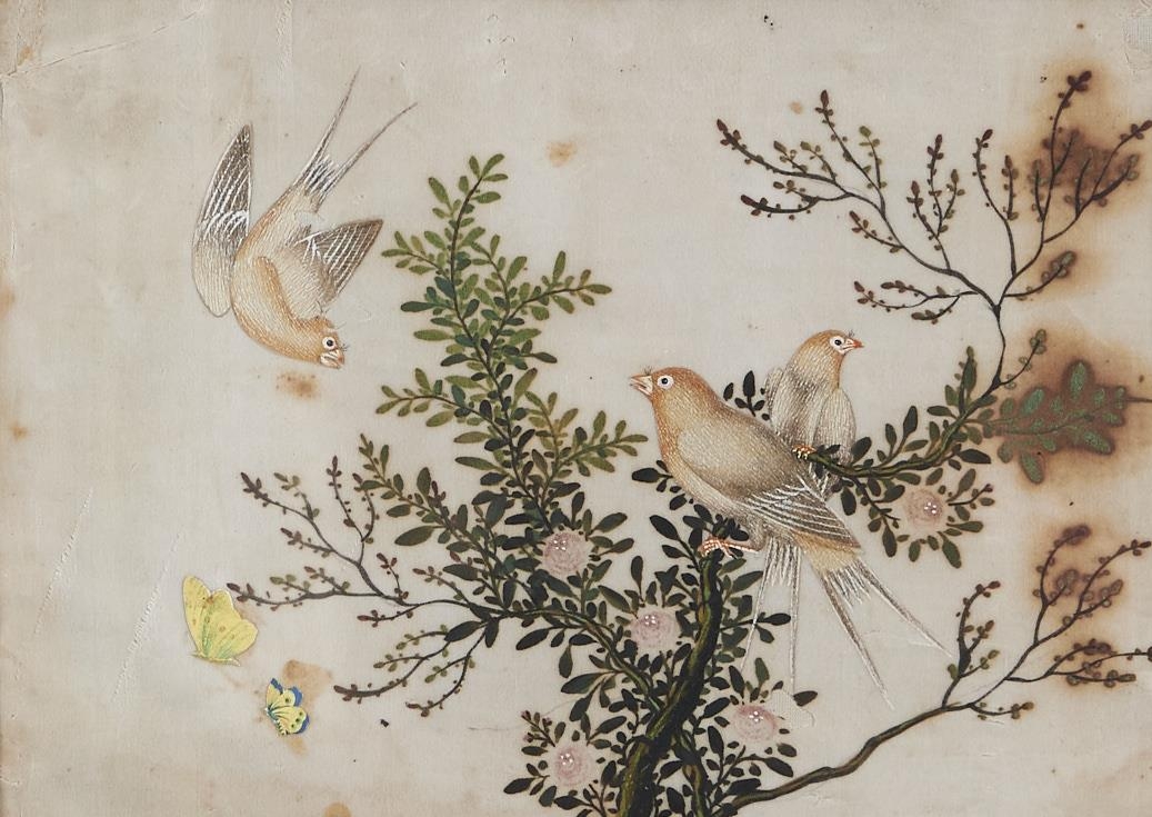 Three Chinese rice paper paintings, early 19th c,  birds in branches, 18 x 25cm Somewhat stained and