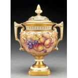 A Royal Worcester fruit painted pot pourri vase and cover, c1970, continuously painted, by