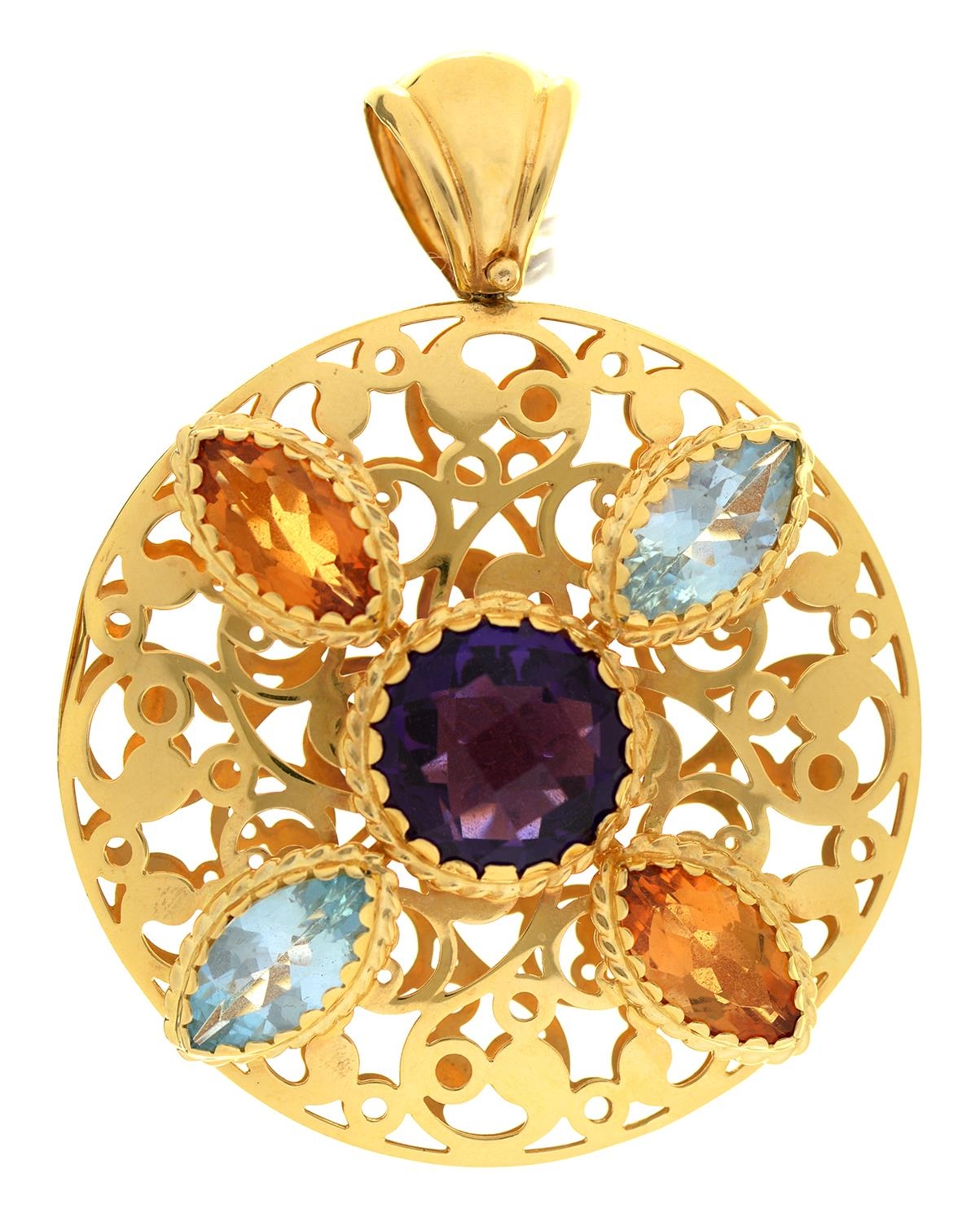 An amethyst, citrine and blue topaz openwork pendant, in silver gilt, 48mm diam, marked EMOZIONI and