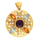 An amethyst, citrine and blue topaz openwork pendant, in silver gilt, 48mm diam, marked EMOZIONI and