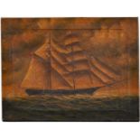 British(?) School - A British Fore-and-Aft Rigged Sailing Vessel off the Coast, oil on canvas, 30