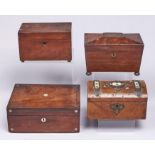 Three Victorian tea caddies, of rosewood, mahogany and brass mounted walnut, various sizes and a