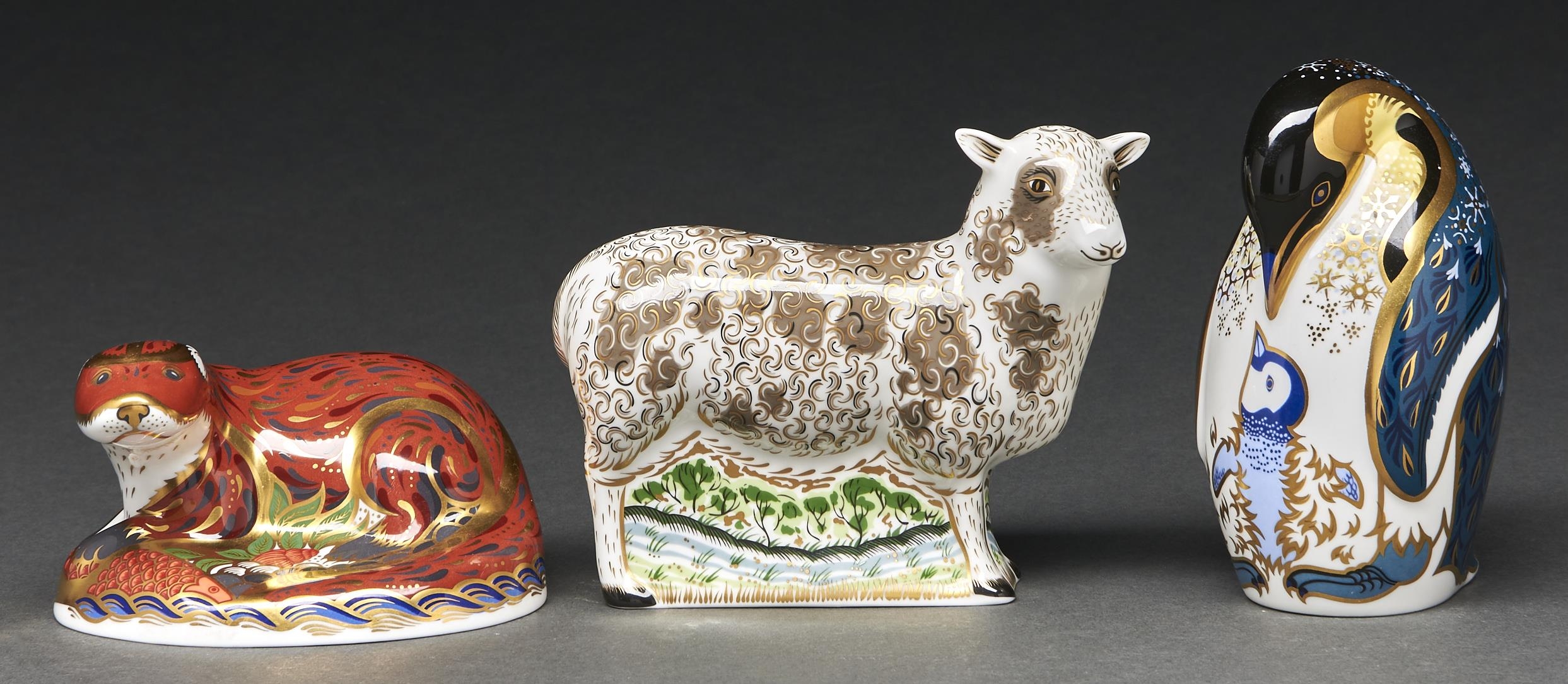 Jacob sheep. A Royal Crown Derby paperweight, 11cm h, printed mark, gilt stopper and two others -