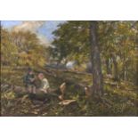 British School, early 20th century - Two Children on a Fallen Tree, oil on canvas, 49.5 x 75cm