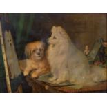 A Victorian chromolithograph of dogs after Horatio Henry Cauldery, 34.5 x 46cm, bird's eye maple