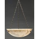 An alabaster hanging lamp bowl, early 20th c, with everted rim, 50cm diam, with three chains