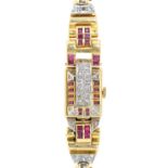 Dorothy Squires' wristwatch. A mid-century ruby, diamond and 14ct gold cocktail watch, the