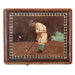 An Italian marquetry and polychrome cigarette case decorated with golfers, c1930, 92mm l Condition